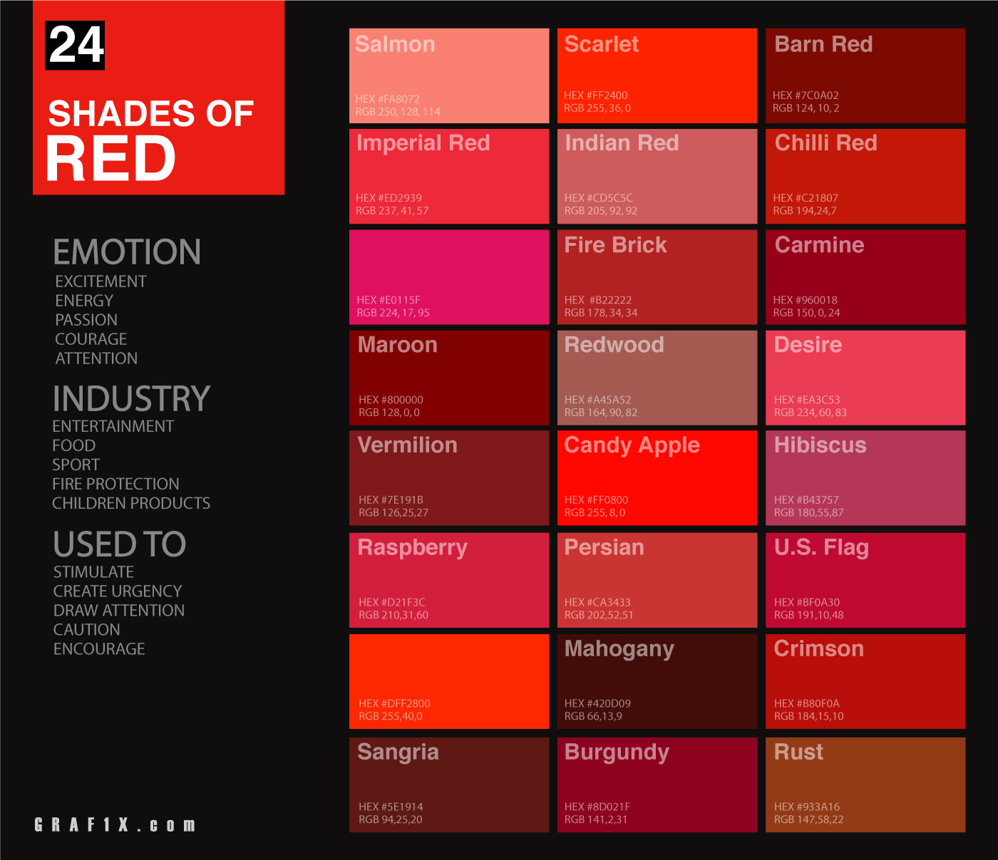 24 Shades Of Red Color Palette