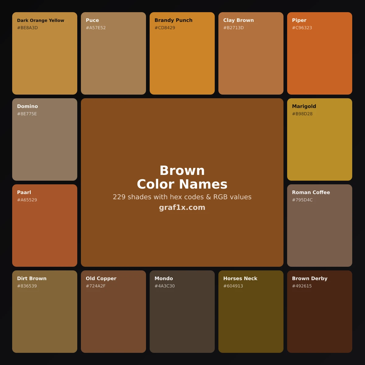 Brown color names chart showing shades of brown with their names and hex codes