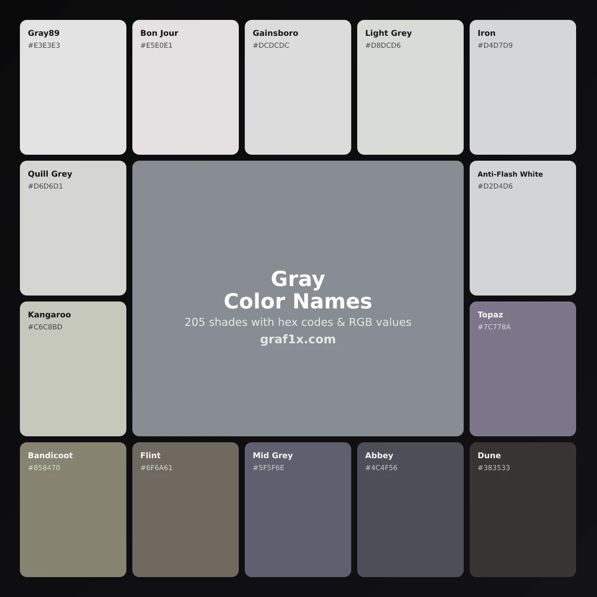 Gray color names chart showing shades of gray with their names and hex codes