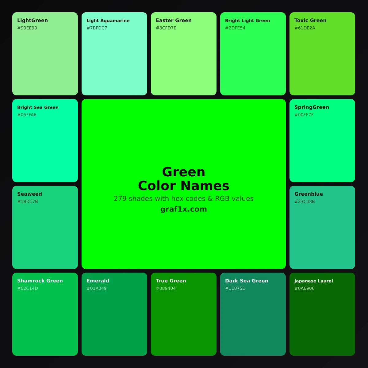 Green color names chart showing shades of green with their names and hex codes