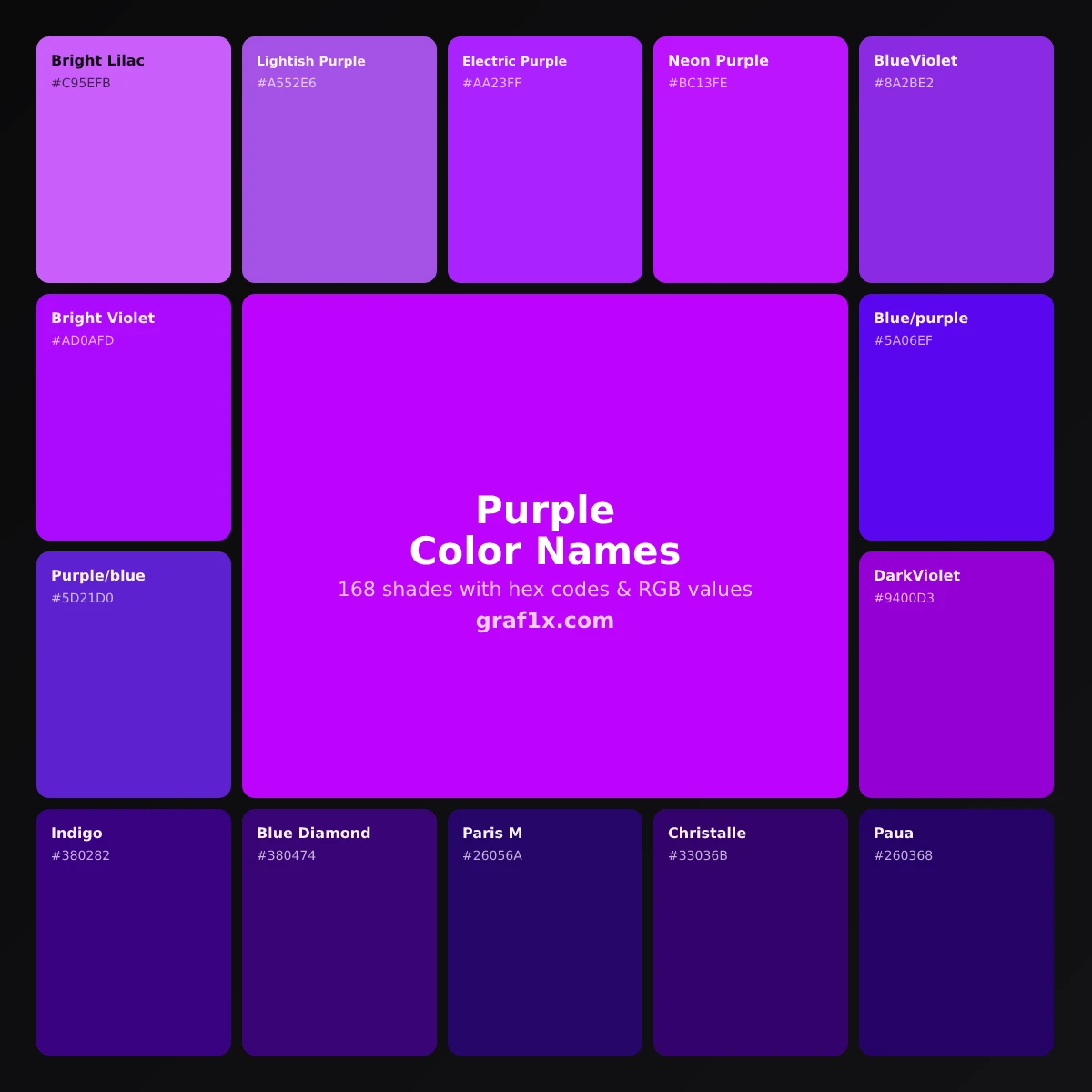 Purple color names chart showing shades of purple and violet with their names and hex codes