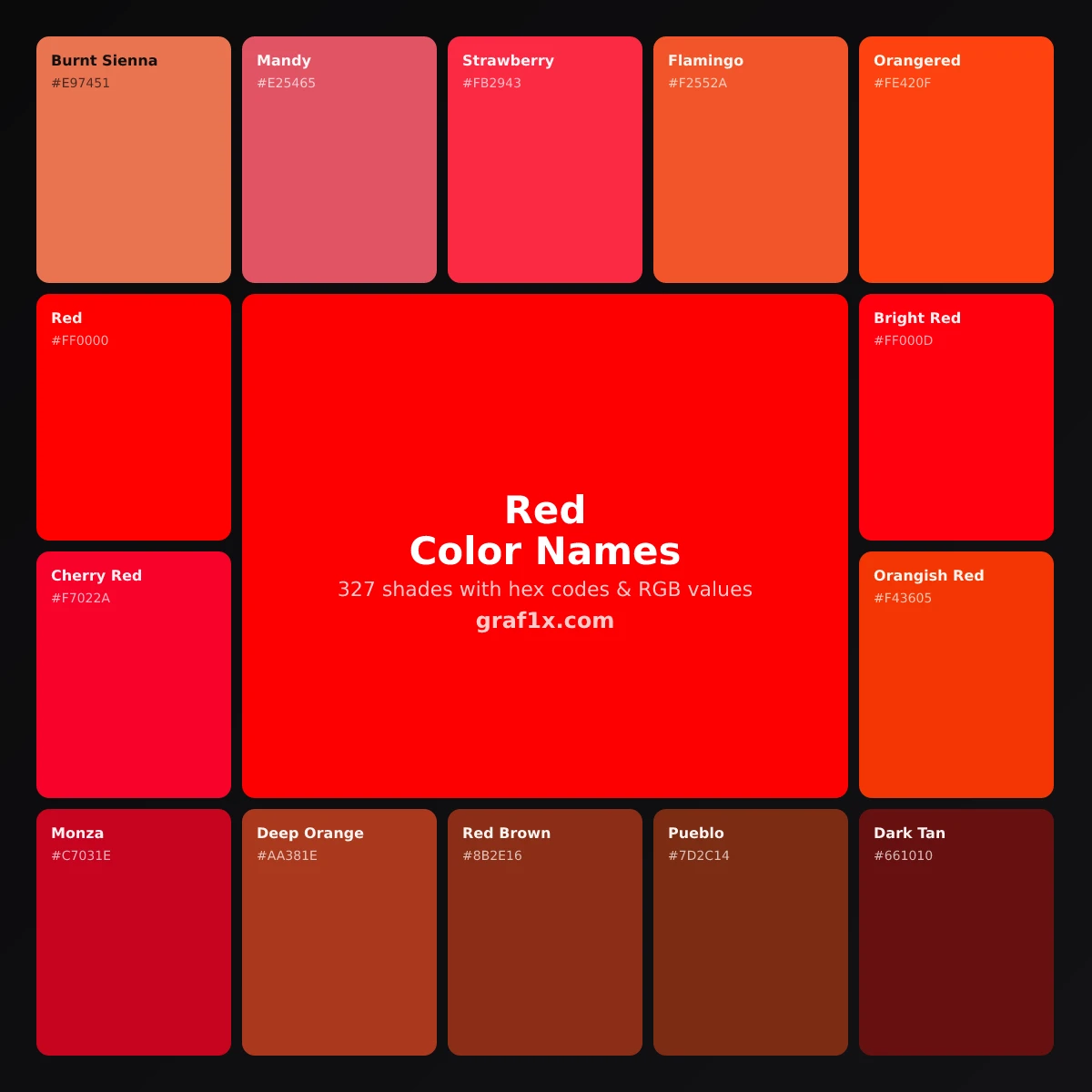 Red color names chart showing shades of red with their names and hex codes
