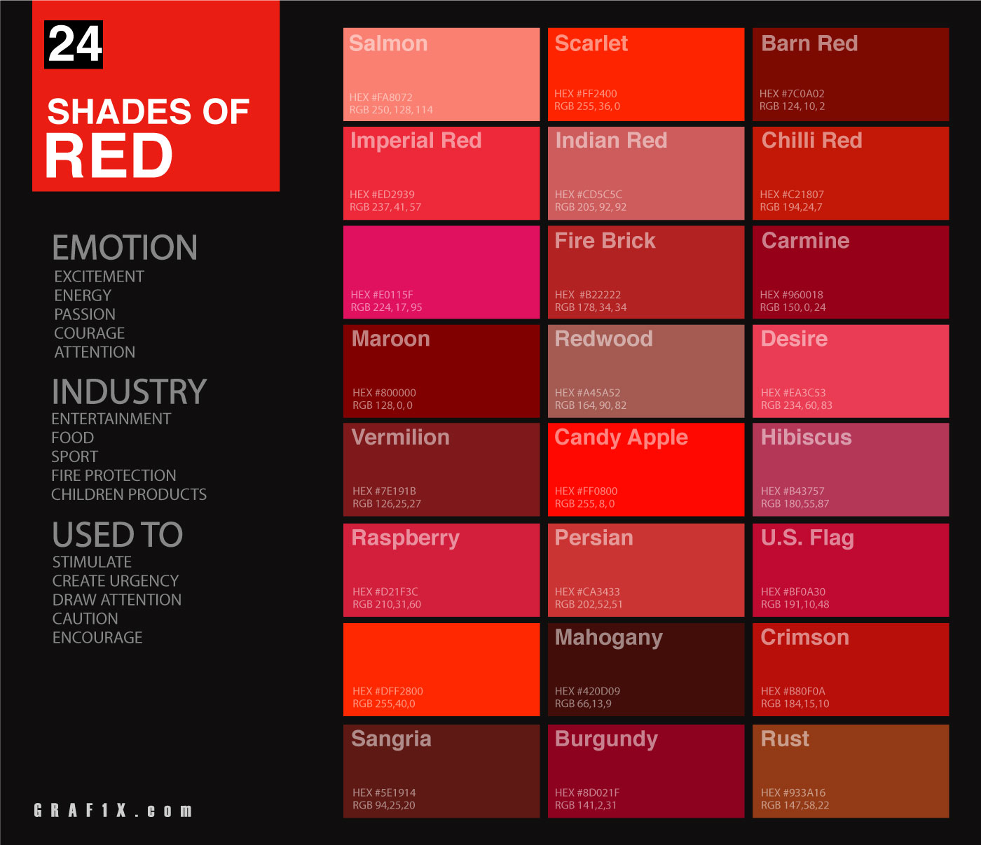 shades of red color palette chart